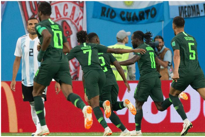 Super Eagles players celebrate a goal at the 2018 FIFA World Cup.