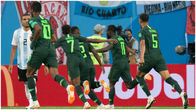 Super Eagles players celebrate a goal at the 2018 FIFA World Cup.