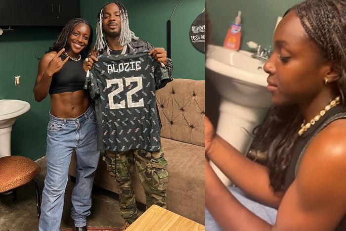 In the photo, Alozie gifted Young Jonn an authentic Super Falcons of Nigeria jersey with her name and number. - Image Credit - X/Michelle Alozie