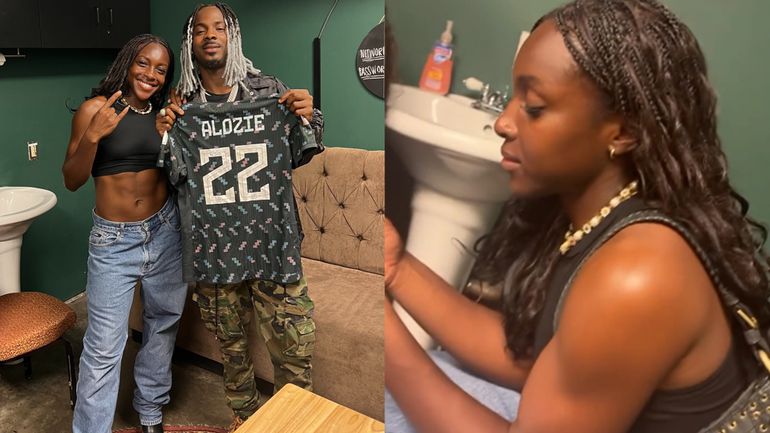 In the photo, Alozie gifted Young Jonn an authentic Super Falcons of Nigeria jersey with her name and number. - Image Credit - X/Michelle Alozie