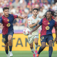 Sergi Dominguez (36) of FC Barcelona (left) , Moro of Real Valladolid and Jules Kounde (23) of FC Barcelona during the match between FC Barcelona and Real Valladolid || Image credit: Imago