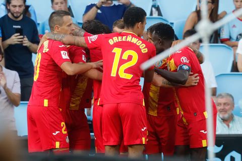 Mason Greenwood celebrates with his Getafe teammates