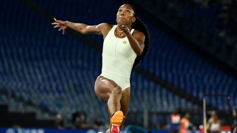 Tara Davis-Woodhall challenges accuracy of her final jump of the season at Rome Diamond League