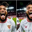 Chidera Ejuke celebrates his first goal for Sevilla.