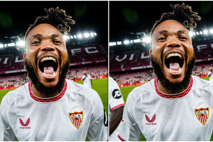 Chidera Ejuke celebrates his first goal for Sevilla.