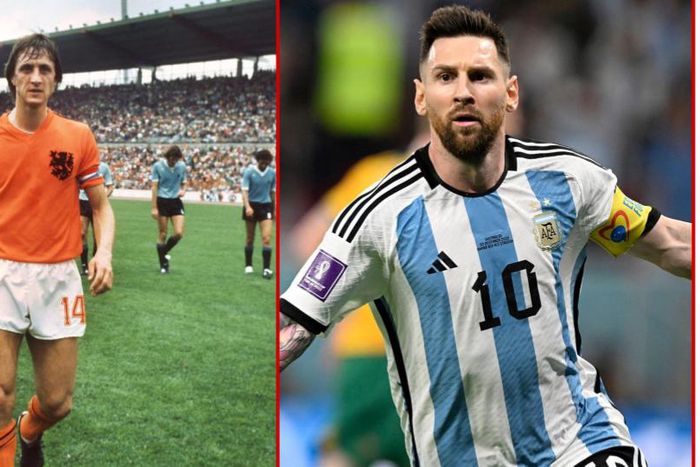 Netherlands legend Johan Cruyff(L) and Argentina Legend Lionel Messi(R)