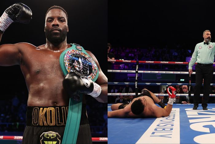 In his heavyweight debut, Nigerian-born boxer Lawrence Okolie stops Hussein Muhamed at Wembley Arena.