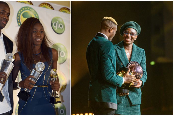 Asisat Oshoala with Yaya Toure (left) and Victor Osimhen (right).