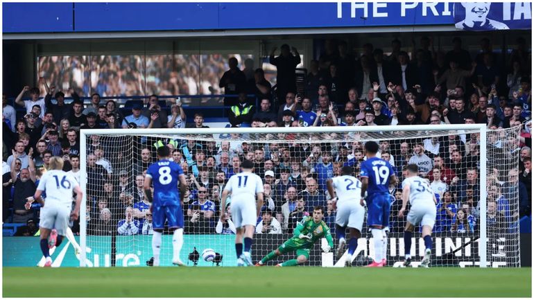 Phenomenal penalty save by Hermansen to deny Cole Palmer at Stamford Bridge.
