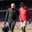 Marcus Rashford limps off during Manchester United vs Everton match.