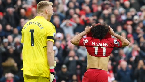 Mohamed Salah after his penalty miss for Liverpool against Arsenal