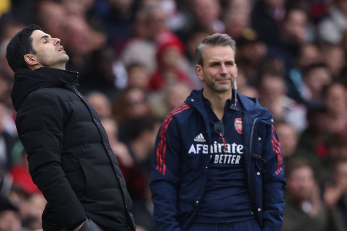 Arsenal manager Mikel Arteta reacts during Leeds United match at Emirates.