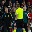 Bukayo Saka confronts referee Glenn Nyberg after the UEFA Champions League Quarter-Final 1st Leg game between Arsenal FC and FC Bayern Munich at the Emirates Stadium. (Photo by David Rawcliffe/Propaganda)
