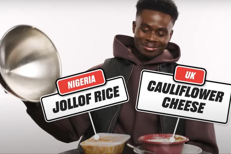 Arsenal star Bukayo Saka rates Nigeria 3-2 ahead of the UK in Snack Wars involving Jollof Rice and Tom Tom.