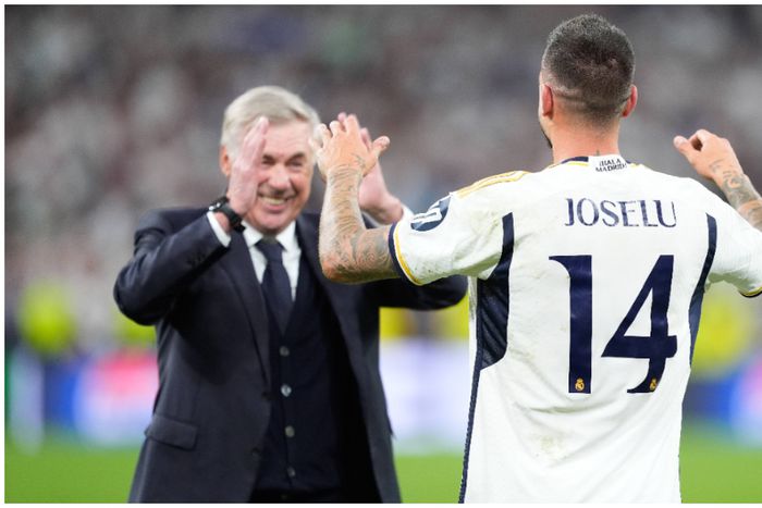 Real Madrid's Carlo Ancelotti and hero of the night against Bayern Munich, Joselu.