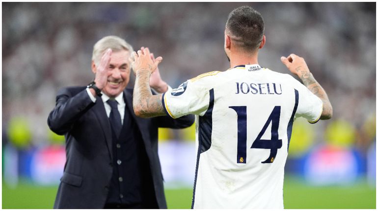 Real Madrid's Carlo Ancelotti and hero of the night against Bayern Munich, Joselu.
