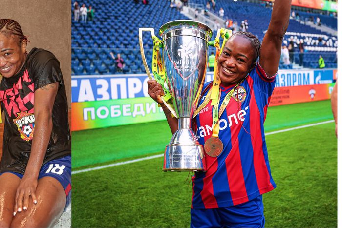 Super Falcons of Nigeria star Francisca Ordega, thanks Jesus as she celebrates the Russian Super Cup victory with CSKA Moscow.