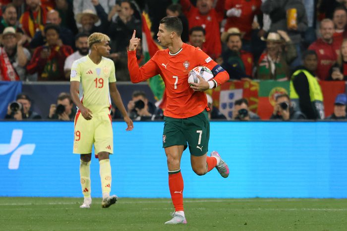 Cristiano Ronaldo celebrating in the Nations League final.