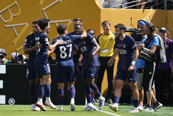 Ousmane Dembele right winger of PSG and France celebrates after scoring his sides first goal during the FIFA Club World Cup 2025 semi-final match between Paris Saint-Germain and Real Madrid CF at MetLife Stadium on July 9, 2025