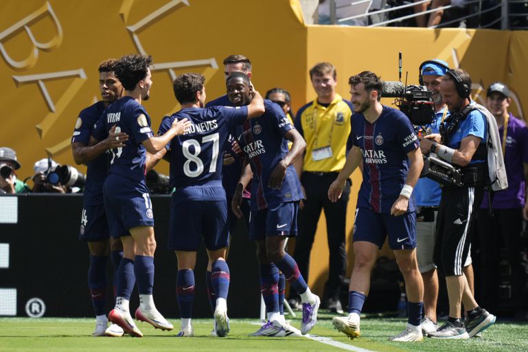 Ousmane Dembele right winger of PSG and France celebrates after scoring his sides first goal during the FIFA Club World Cup 2025 semi-final match between Paris Saint-Germain and Real Madrid CF at MetLife Stadium on July 9, 2025
