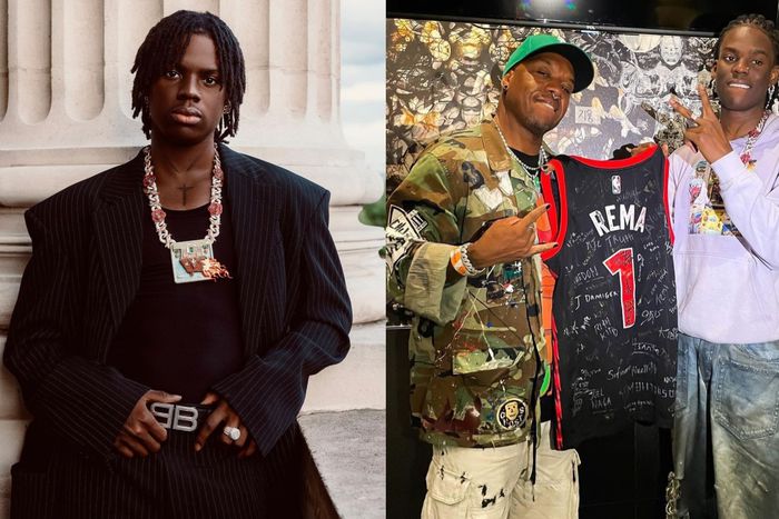 Toronto DJ, producer, and recording artist 4Korner presented Rema with a Raptors jersey.