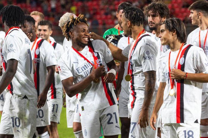 Samuel Chukwueze celebrates the victory of Trofeo Silvio Berlusconi match between AC Monza and AC Milan at U-Power Stadium in Milano, Italy, on August 08 2023 (Photo by Mairo Cinquetti/NurPhoto via Getty Image