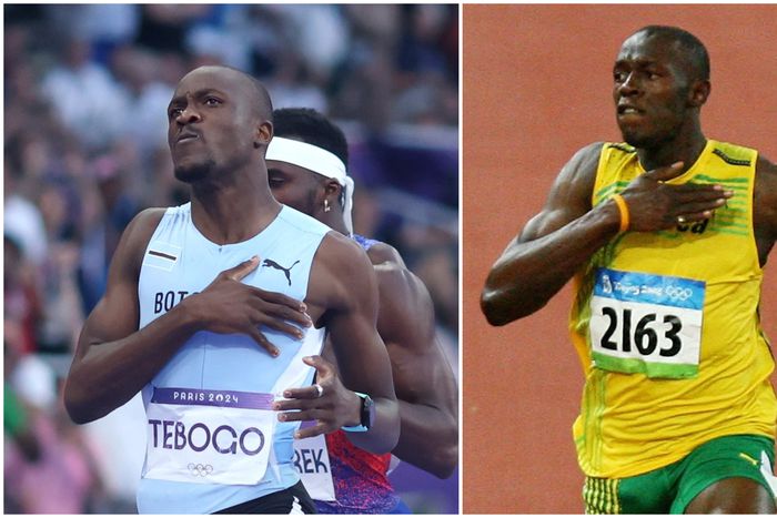 Letsile Tebogo (left) emulates Usain Bolt (right) after his stunning win in Paris 2024 Olympics.