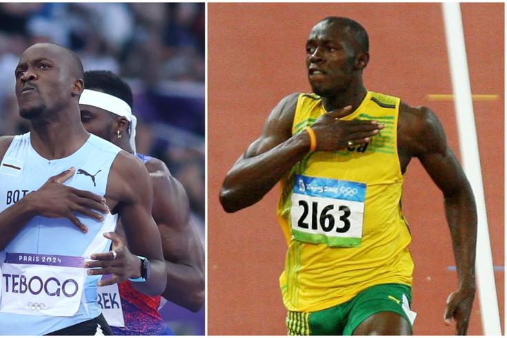 Letsile Tebogo (left) emulates Usain Bolt (right) after his stunning win in Paris 2024 Olympics.