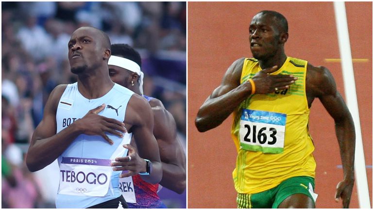 Letsile Tebogo (left) emulates Usain Bolt (right) after his stunning win in Paris 2024 Olympics.