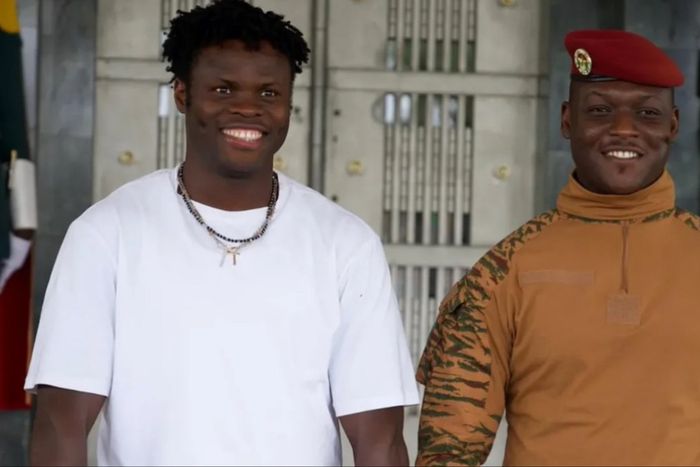 Super Eagles of Nigeria legend Taye Taiwo teams up with Burkina Faso's President Ibrahim Traore for stadium reopening.