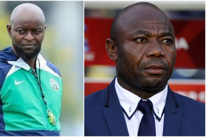 Super Eagles legends Finidi George (left) of Rivers United and Emmanuel Amuneke of Heartland.