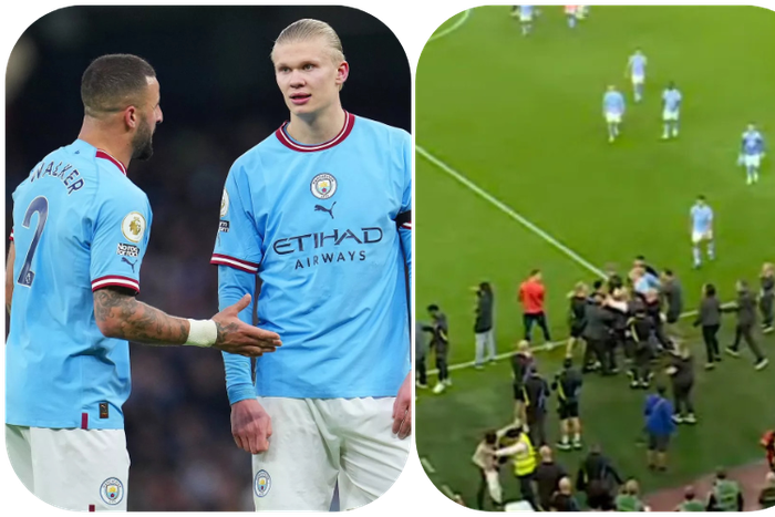 Haaland and Walker in a burst-up with Arsenal set pieces coach