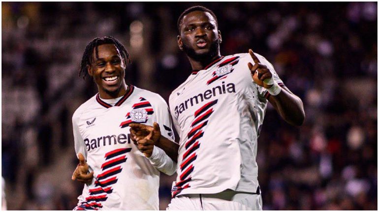 Victor Boniface celebrates a late winner with Frimpong. (Photo Credit: Bayer/X)