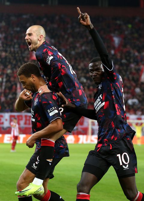 Cyriel Dessers celebrates latest goal for Rangers.