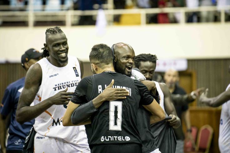 Nairobi City Thunder payers and staff celebrate their crowning moment at the BAL Elite 16. ©FIBA