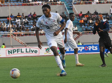 Rangers match winner Chinemerem Ugwueze on the ball against Rivers United.