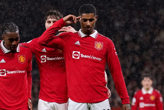Marcus Rashford celebrates after scoring for Manchester United against Charlton