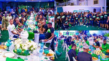 'Bring AFCON for Nigerians' - Sanwo-Olu charges Super Eagles after food and drinks in Lagos