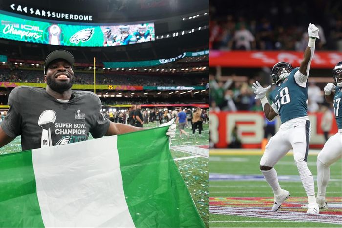 Nigerian NFL defensive tackle Moro Ojomo says he is the best in the world as he celebrates winning the 2025 Super Bowl with the Philadelphia Eagles.