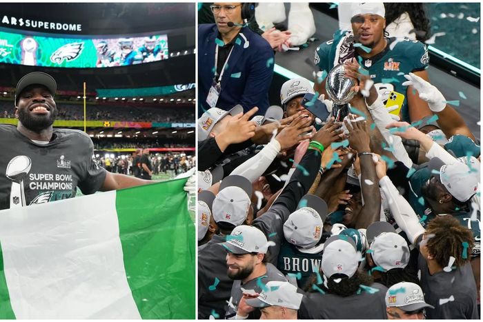 Eagles star Moro Ojomo celebrates his Super Bowl win.
