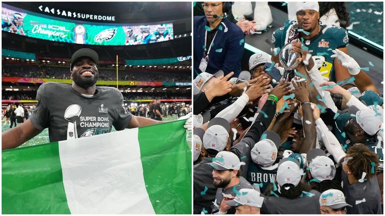 Eagles star Moro Ojomo celebrates his Super Bowl win.
