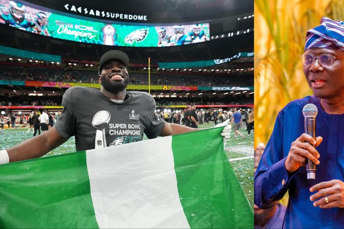 Governor Sanwo-Olu celebrates Morotoluwa Ojomo as Lagos-born Talent after Super Bowl victory with the Philadelphia Eagles.