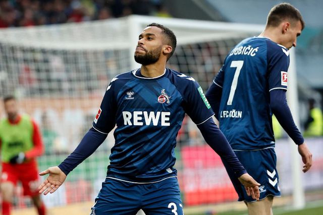 Kenyan midfielder Linton Maina celebrating after scoring for FC Koln.