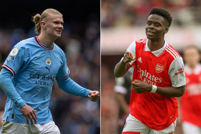 A collage of Manchester City forward Erling Haaland and Arsenal's Bukayo Saka.
