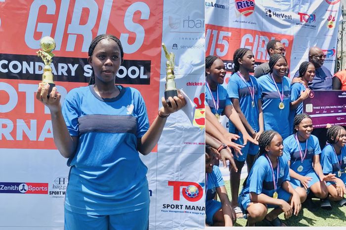 Udiba Gift (L) with her awards and Leadforte Gate players ceebrate.