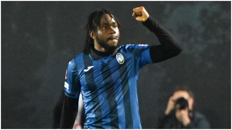 Ademola Lookman celebrates after his key goal against Marseille.