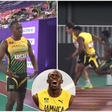 Usain Bolt reacts as Yohan Blake and Kishane Thompson stumble for Jamaica.