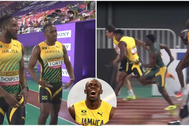 Usain Bolt reacts as Yohan Blake and Kishane Thompson stumble for Jamaica.