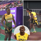 Usain Bolt reacts as Yohan Blake and Kishane Thompson stumble for Jamaica.