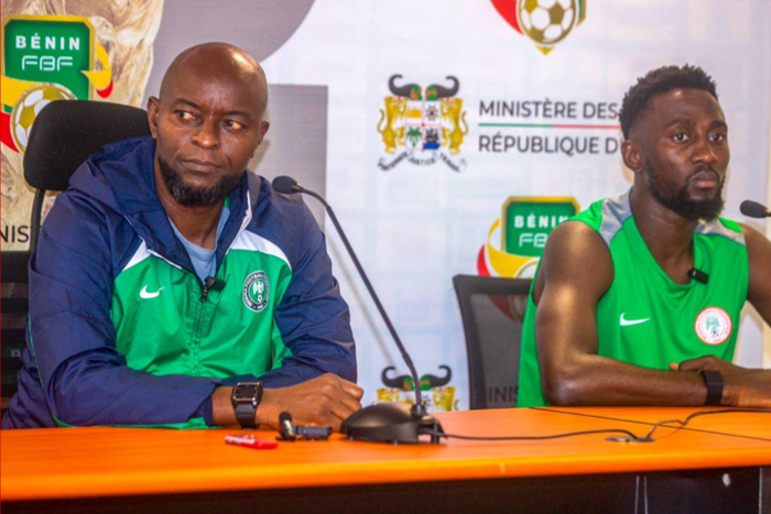 Finidi George and Wilfred Ndidi in the post-match press conference of the World Cup qualifier defeat to Benin Republic || Image credit: Imago